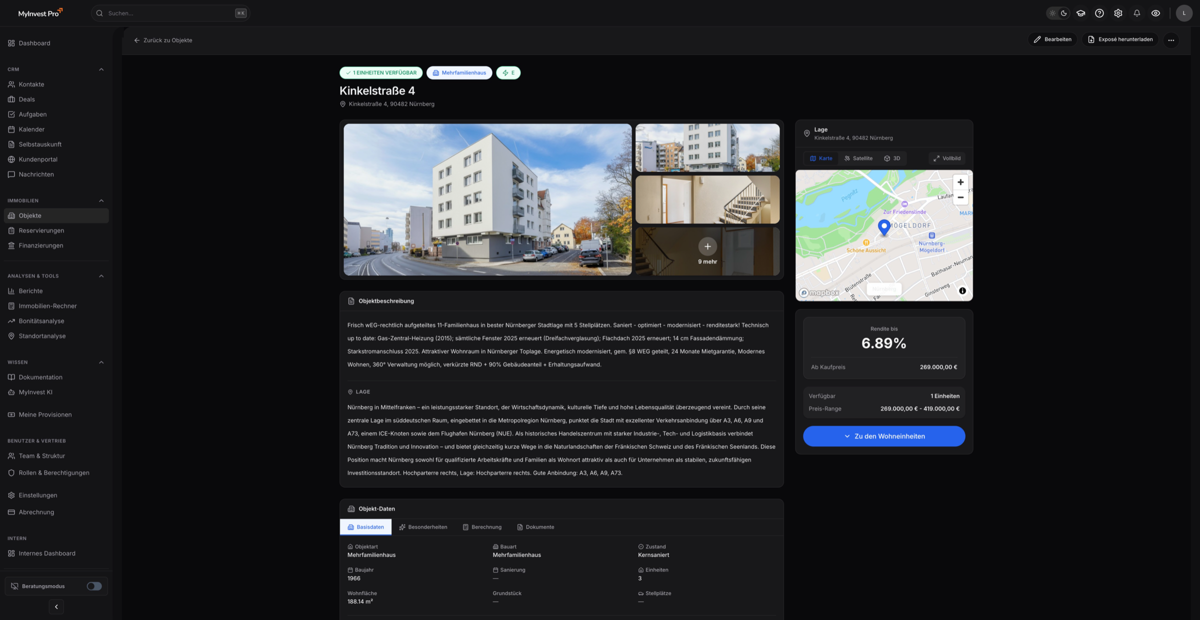 Objektdetail mit Ausstattung, Grundrissen und Renditeberechnung