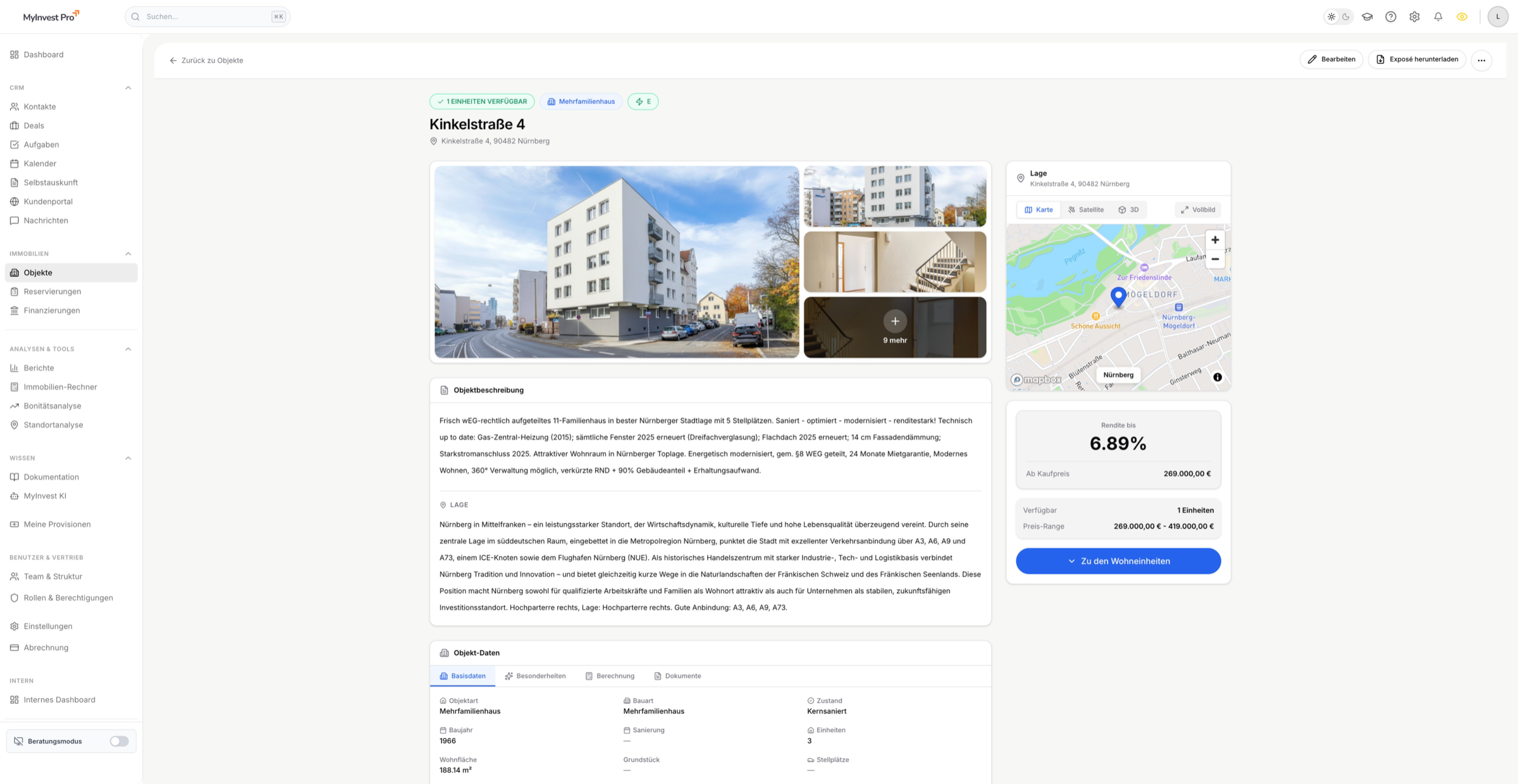 Objektdetail mit Ausstattung, Grundrissen und Renditeberechnung
