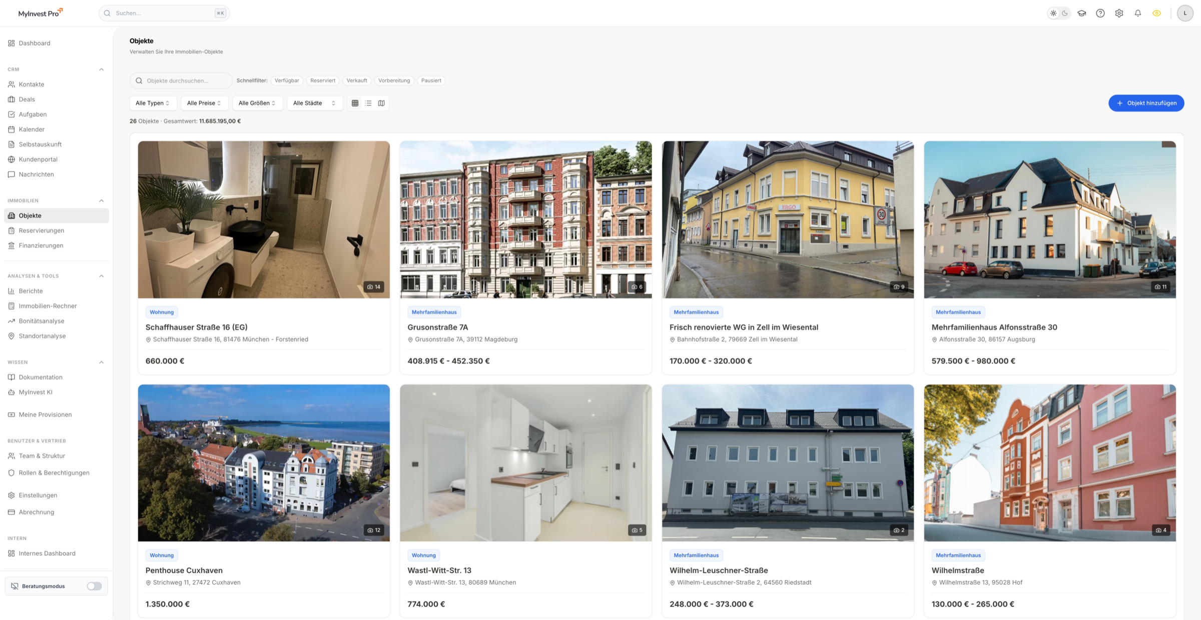 Objektübersicht mit Karten und Filtern