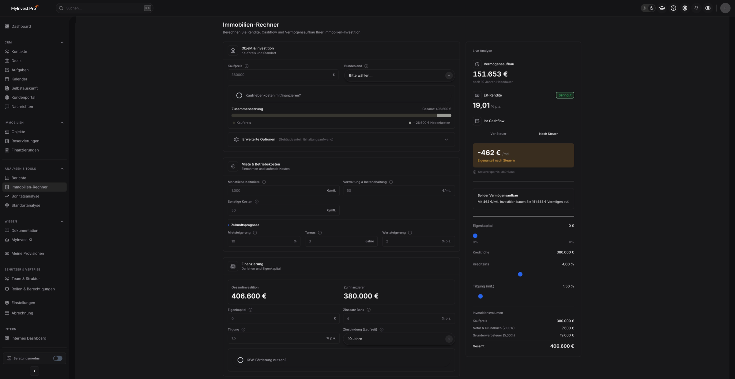 MyInvest Pro Immobilien-Rechner mit ROI-, Cashflow- und Renditeberechnung