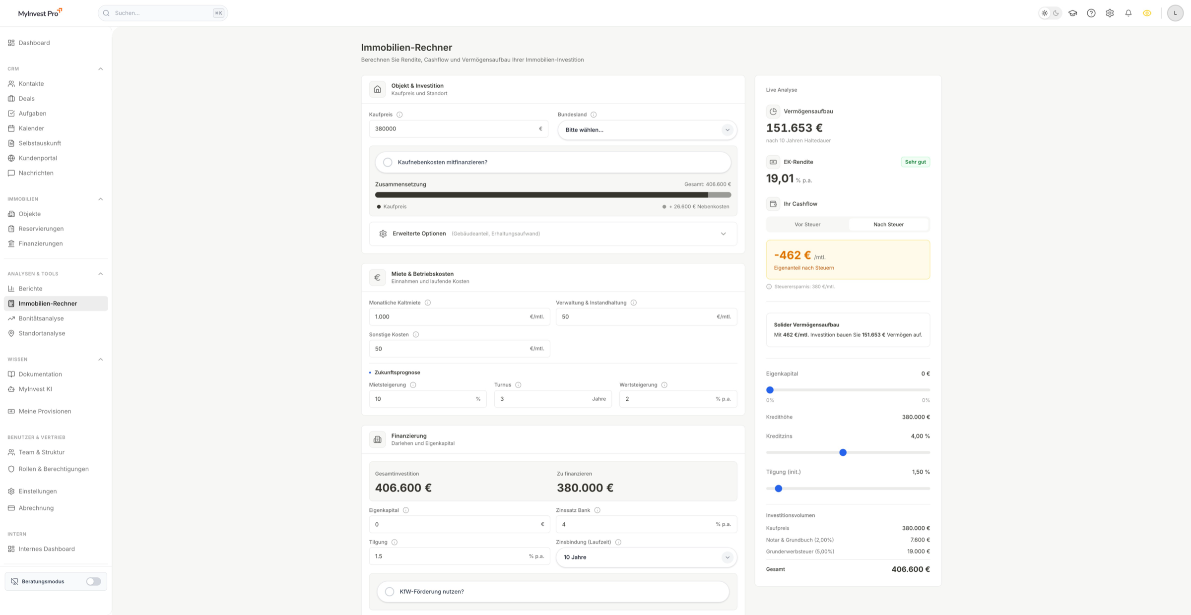 MyInvest Pro Immobilien-Rechner mit ROI-, Cashflow- und Renditeberechnung