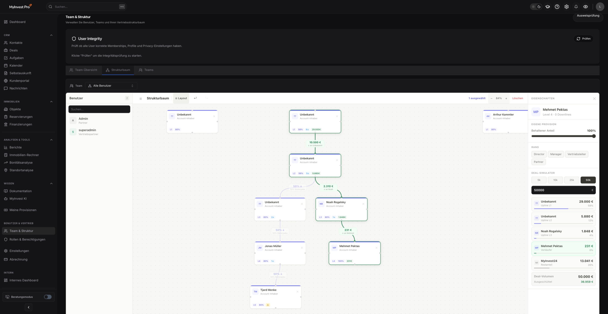 Provisionsmodul mit Verteilung und Statusansicht