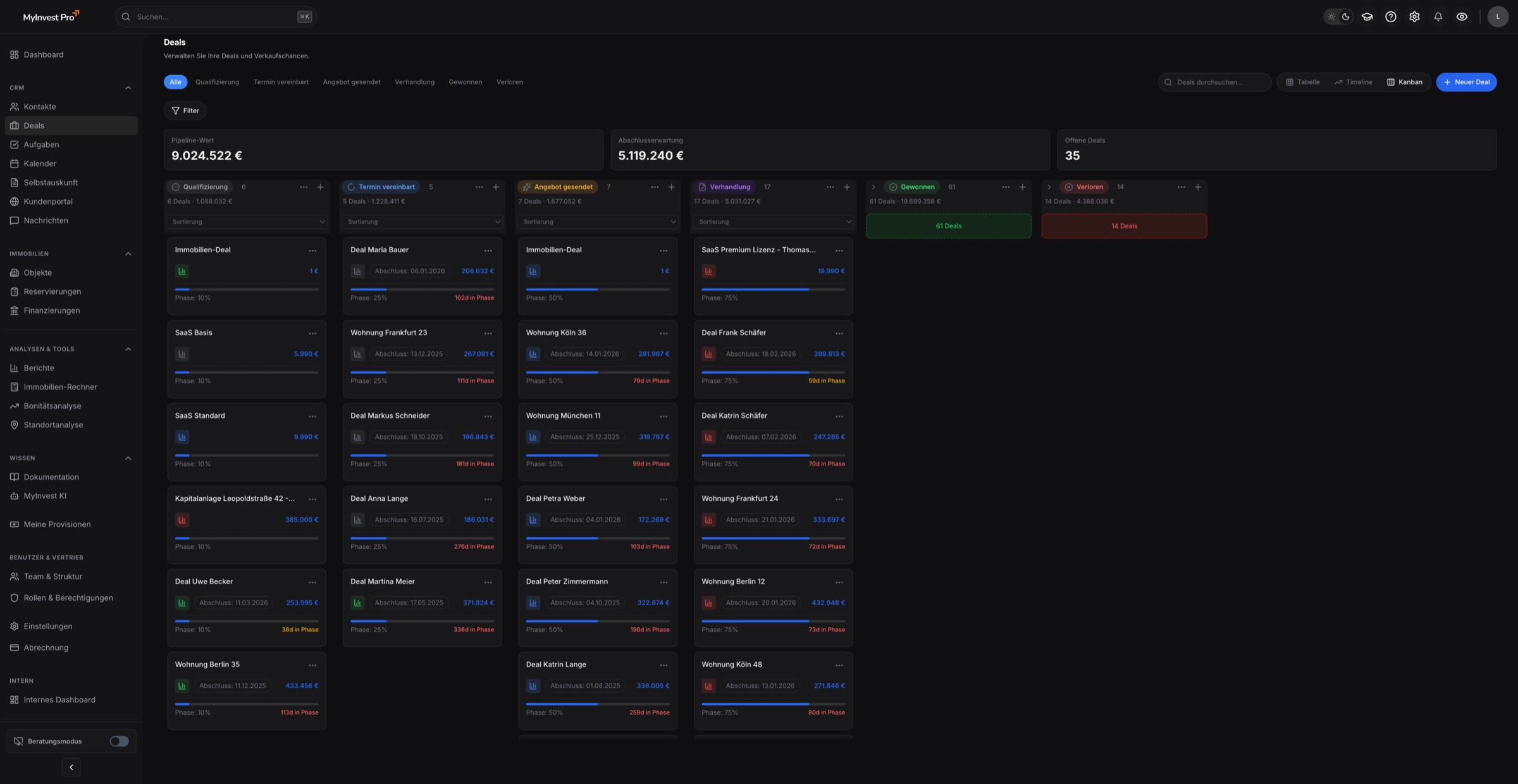 Deal-Pipeline Screenshot – Visuelle Übersicht aller Immobilien-Deals