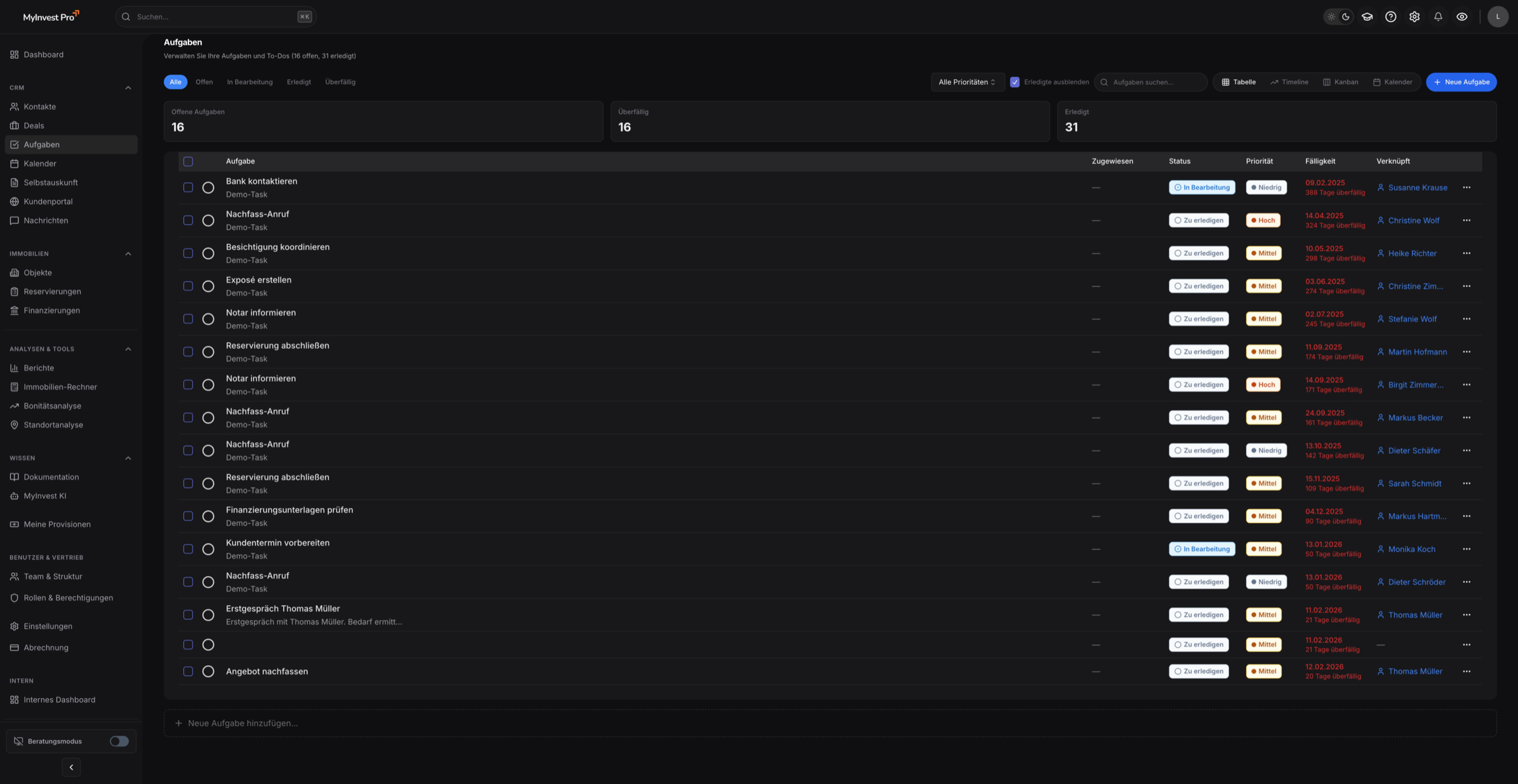 MyInvest Pro Aufgaben-Interface